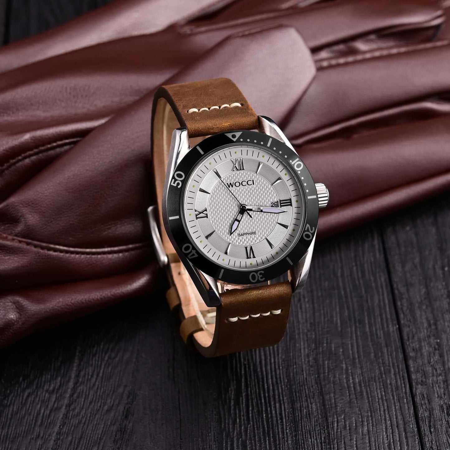 WOCCI 22mm Old-fashioned Watch Band for Men, Top Grain Leather, Silver Brushed Buckle (Caramel Brown)