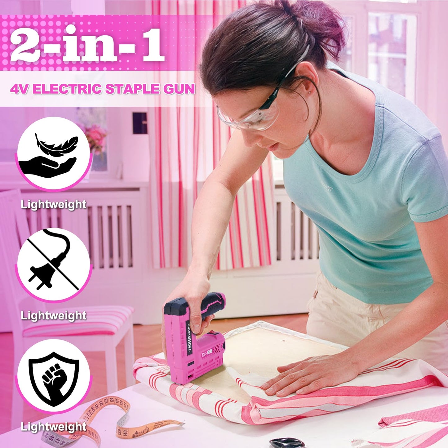 THINKWORK Pink Electric Staple Gun - 2 in 1 Nail Gun Battery Powered with 1000Pcs Staples and Nails, 4V Cordless Upholstery Staple Gun for Wood, Brad Nailer with USB Charger for Carpentry, Crafts, DIY