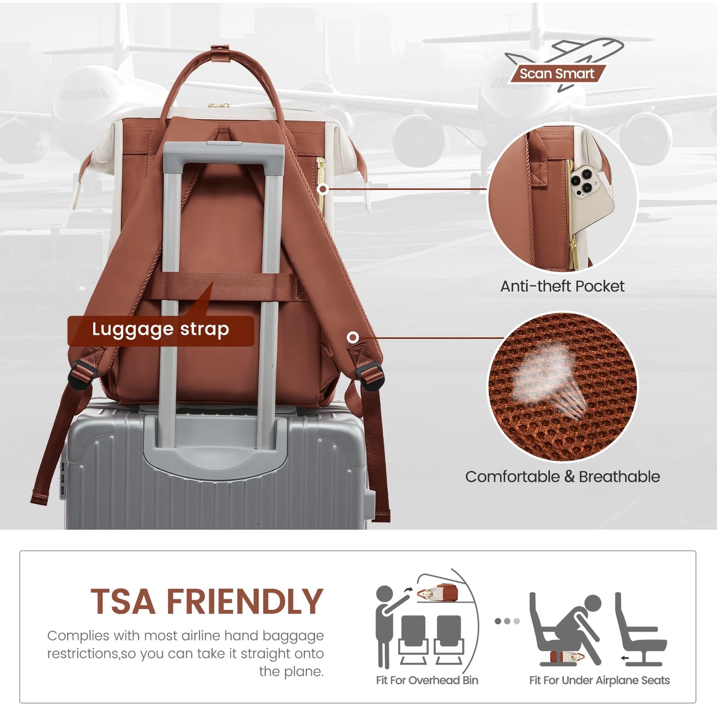 LOVEVOOK Leather Backpack for Women, 15.6 inch Laptop Backpack, Professional Work & Travel Bag, Women's Laptop Tote, Beige White-Brown