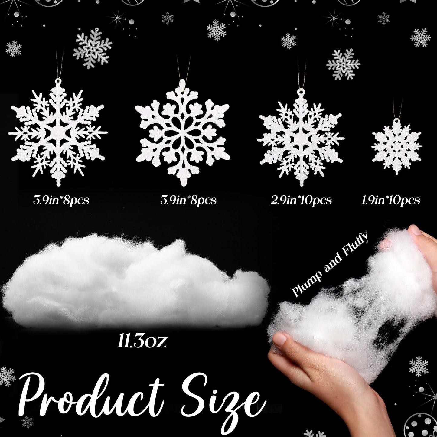 Soulchen Winter Tree Decoration Set 36 Pcs White Snowflake Ornament 11.3 oz Artificial Fluffy Snow Fake Cloud Plastic Glitter Snowflake Hanging for Wreath Garland Holiday Indoor Outdoor Wonderland