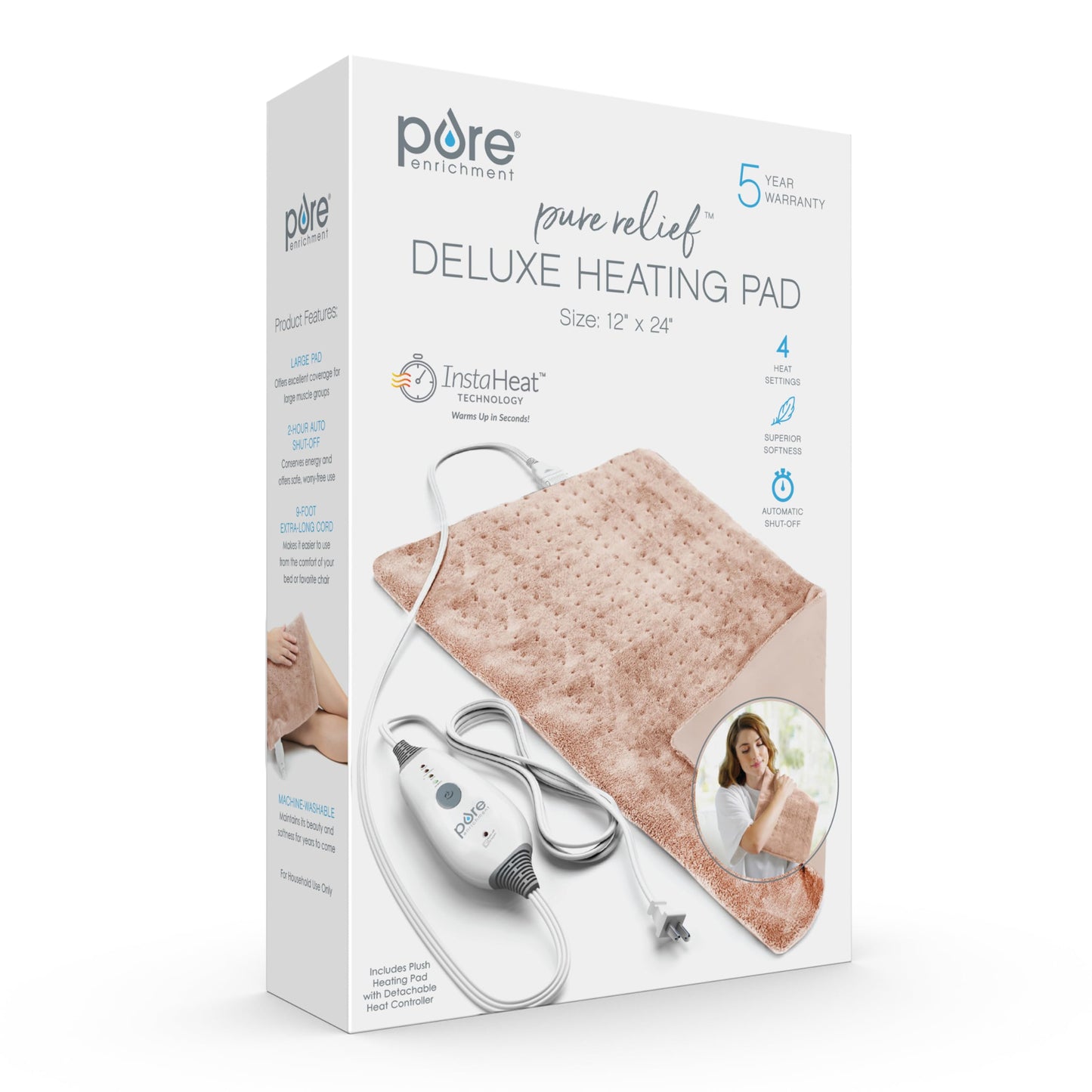 Pure Enrichment PureRelief Deluxe Heating Pad (12" x 24"), Full Body Therapy Pad with 4 InstaHeat Settings, Soft Machine-Washable Microplush Fabric and 2-Hour Auto Safety Shut-Off (Sea Glass)