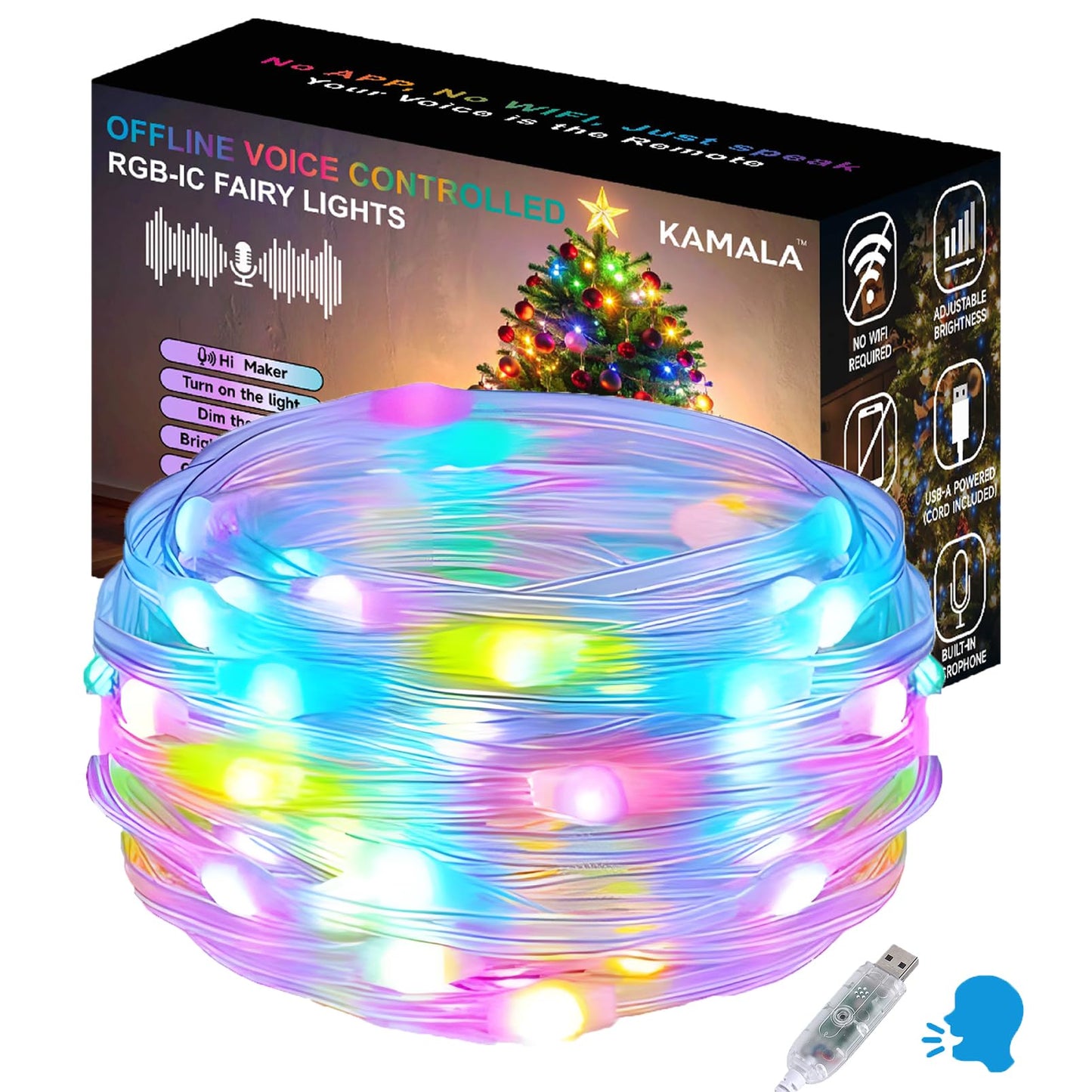 AI Smart Color Changing Fairy Lights, 32.8ft RGB+IC Offline Voice Control Light Twinkle No App/No WiFi Required,Dimmable Xmas Music Sync Lights for Kids Bedroom, Party, 7 Colors & 13 Lighting Modes