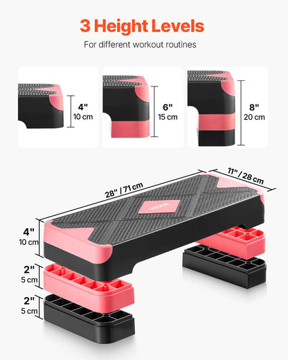 VEVOR Aerobic Exercise Step Platform, 28-Inch Workout Aerobic Stepper, Height Adjustable Fitness Training Step Deck Trainer with 4 Risers, Non-Slip Surface Bench for Home Gym Cardio Strength, Red