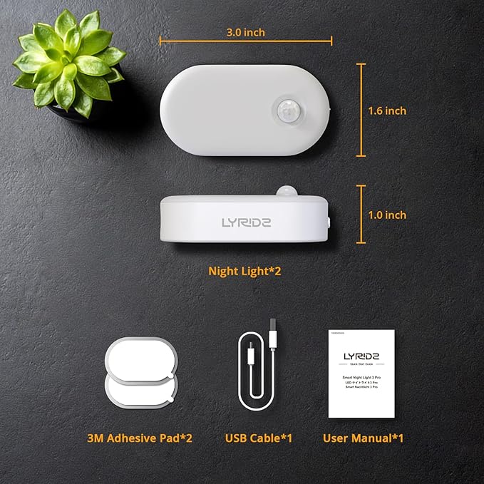 Lyridz Rechargeable Night Light with Motion Sensor, Dimmable Amber Nightlights for Bathroom, Bedroom, Kids Room, Hallway, Stairs, Pet House, 2 Pack