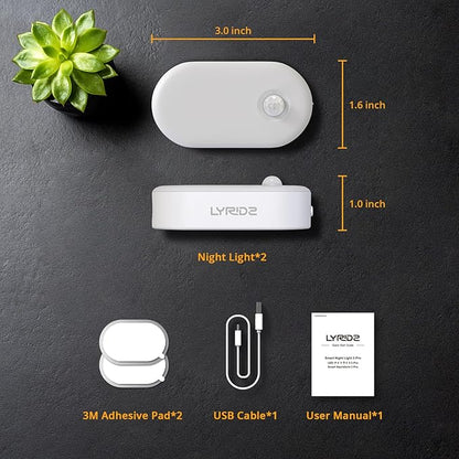 Lyridz Rechargeable Night Light with Motion Sensor, Dimmable Amber Nightlights for Bathroom, Bedroom, Kids Room, Hallway, Stairs, Pet House, 2 Pack