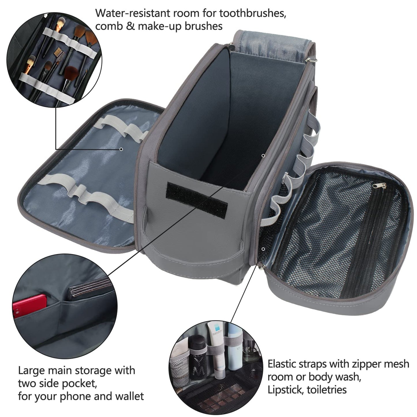 Buruis Extra Large Toiletry Bag for Men, Travel Toiletry Organizer Dopp Kit Water-resistant Shaving Bags, PU Leather Cosmetic Bathroom Shower Bag for Toiletries, Grooming, Accessories (Grey)
