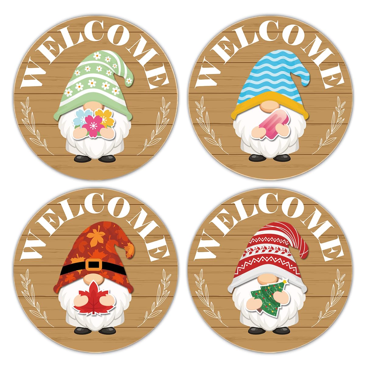 Interchangeable Gnome Welcome Sign Summer Patriotic 4th of July Porch Decor, Changeable Wooden Gnomes Front Door Decoration Wreath Hanger for Spring Fall Winter All Seasons Holiday, Fulvous