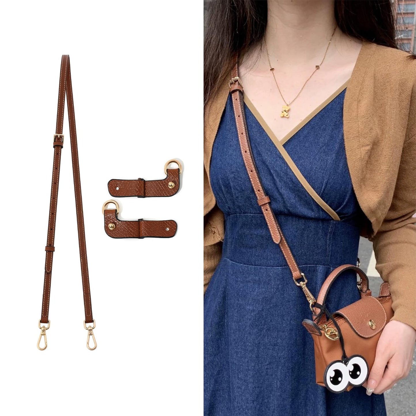 RYYXZXL Leather Purse Straps Replacement Shoulder Strap Leather Adjustable Crossbody Strap Suitable for Long champ Handbags（Brown+gold Hardware）