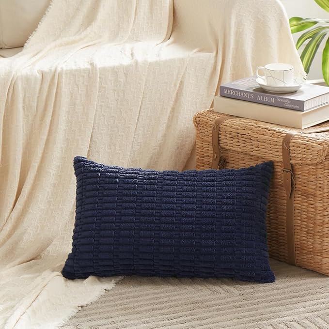 Fancy Homi Navy Blue Lumbar Decorative Throw Pillow Covers 12x24 Inch for Living Room Couch Bedroom, Soft Corduroy Rectangle Solid Cushion Case 30x60 cm, Rustic Farmhouse Boho Home Decor