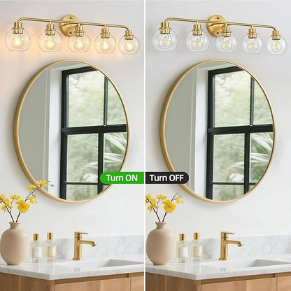 Bathroom Light Fixtures Gold Vanity Light 5 Light Wall Sconces Lighting Brushed Brass Lights with Clear Globe Glass Shades Bath Wall Lamp for Mirror Kitchen Living Room Bedroom Hallway