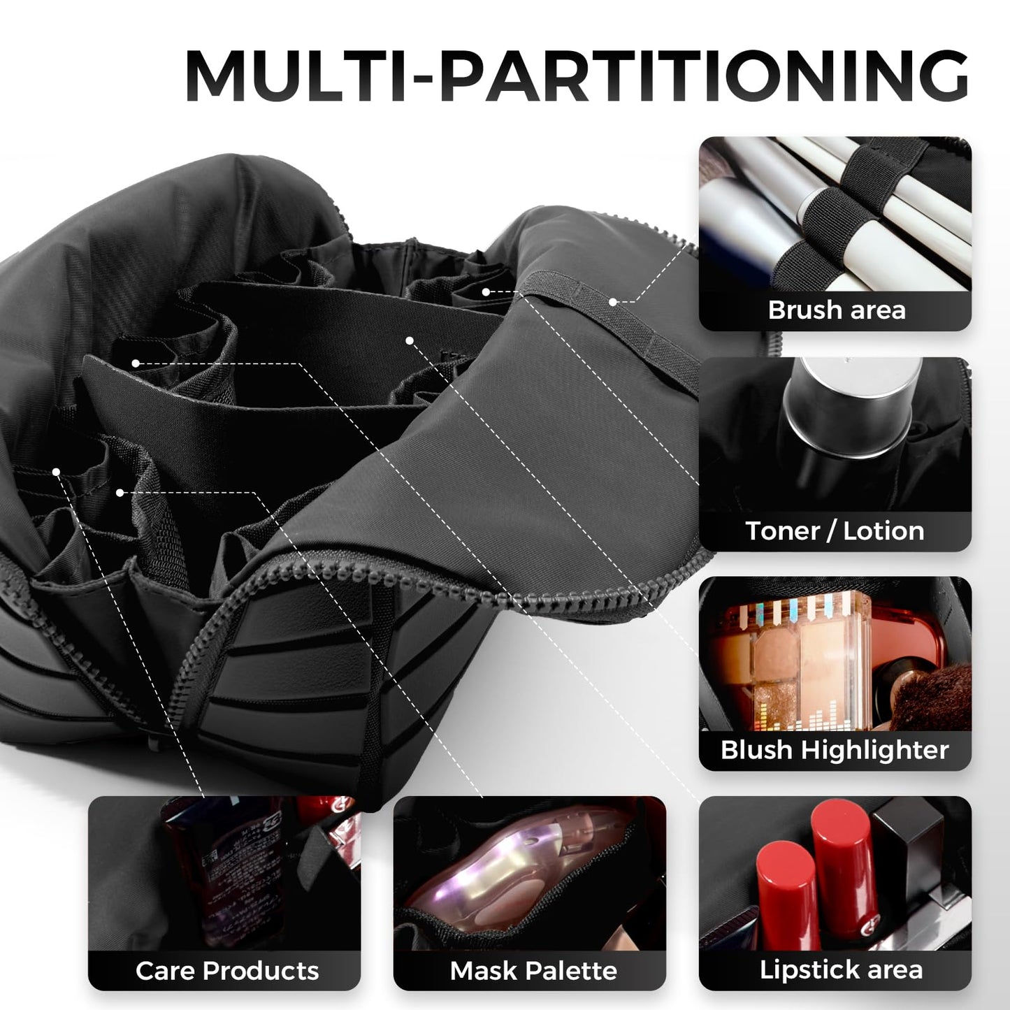 Travel Makeup Organizer Bag with Fold-Down Design and Adjustable Dividers, 27 Pockets & 3 Brush Storage Holders, Large Capacity Cosmetic Bags Toiletry Case- Black