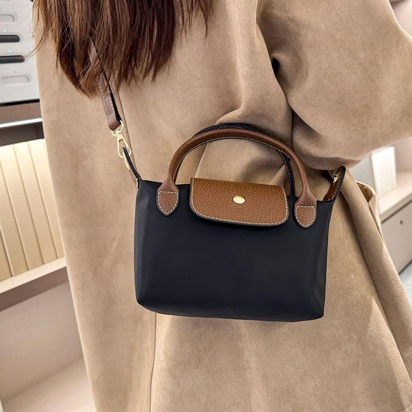 Womens Mini Crossbody Bag Dual Handle Adjustable Strap Nylon PU Leather Small Purse For Phone Wallet 9in Black