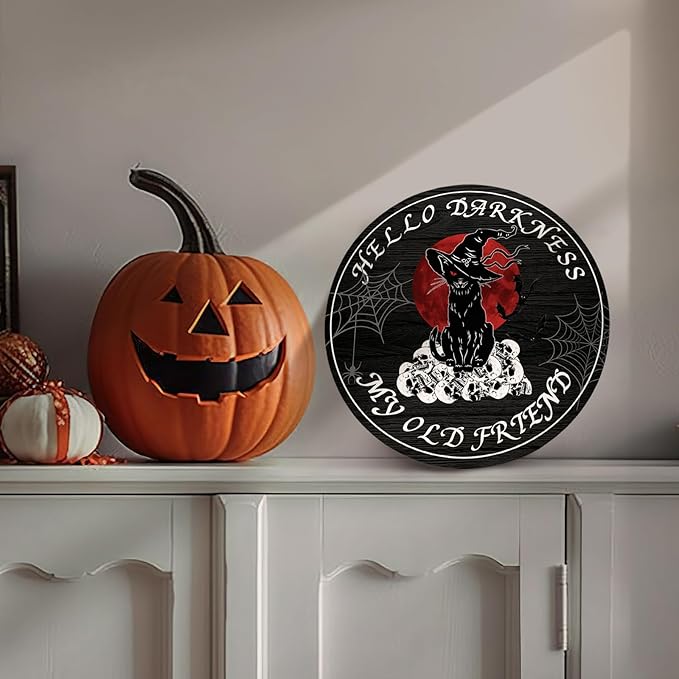Halloween Black Cat Front Door Signs Hello Darkness My Old Friend Wooden Door Sign Skull Spiderweb Bat Wall Hangers Halloween Door Hanging Decorations for Home Door Porch