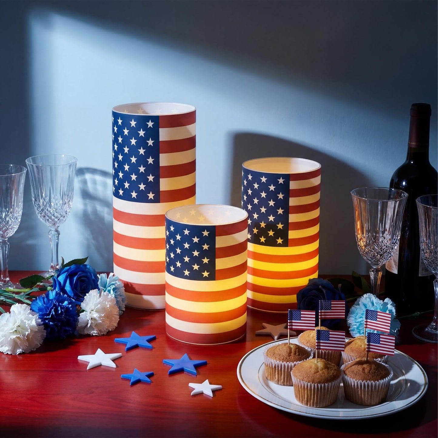 Baquler 3 Set 4th of July Flameless Candles Patriotic USA Flag Flameless Candles 250th Anniversary Lampshade with LED Tea Lights National Flag Candle Decoration for Independence Tabletop Home Decor