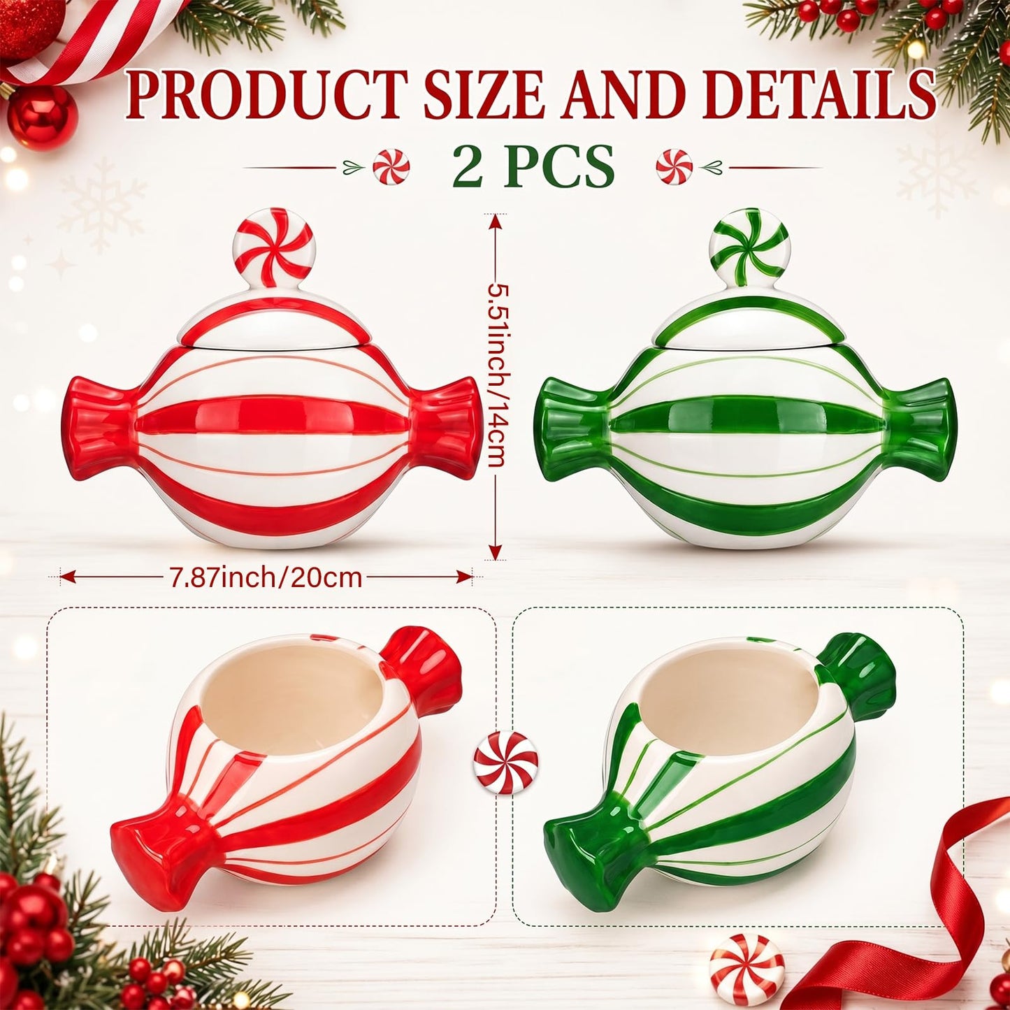 Yungyan 2 Pcs Christmas Candy Jars with Lid Ceramic Christmas Cookie Jar Red and Green Xmas Decor Coffee Cookie Sugar Storage Container for Snacks Kitchen Handcrafted Holiday Centerpiece Gift