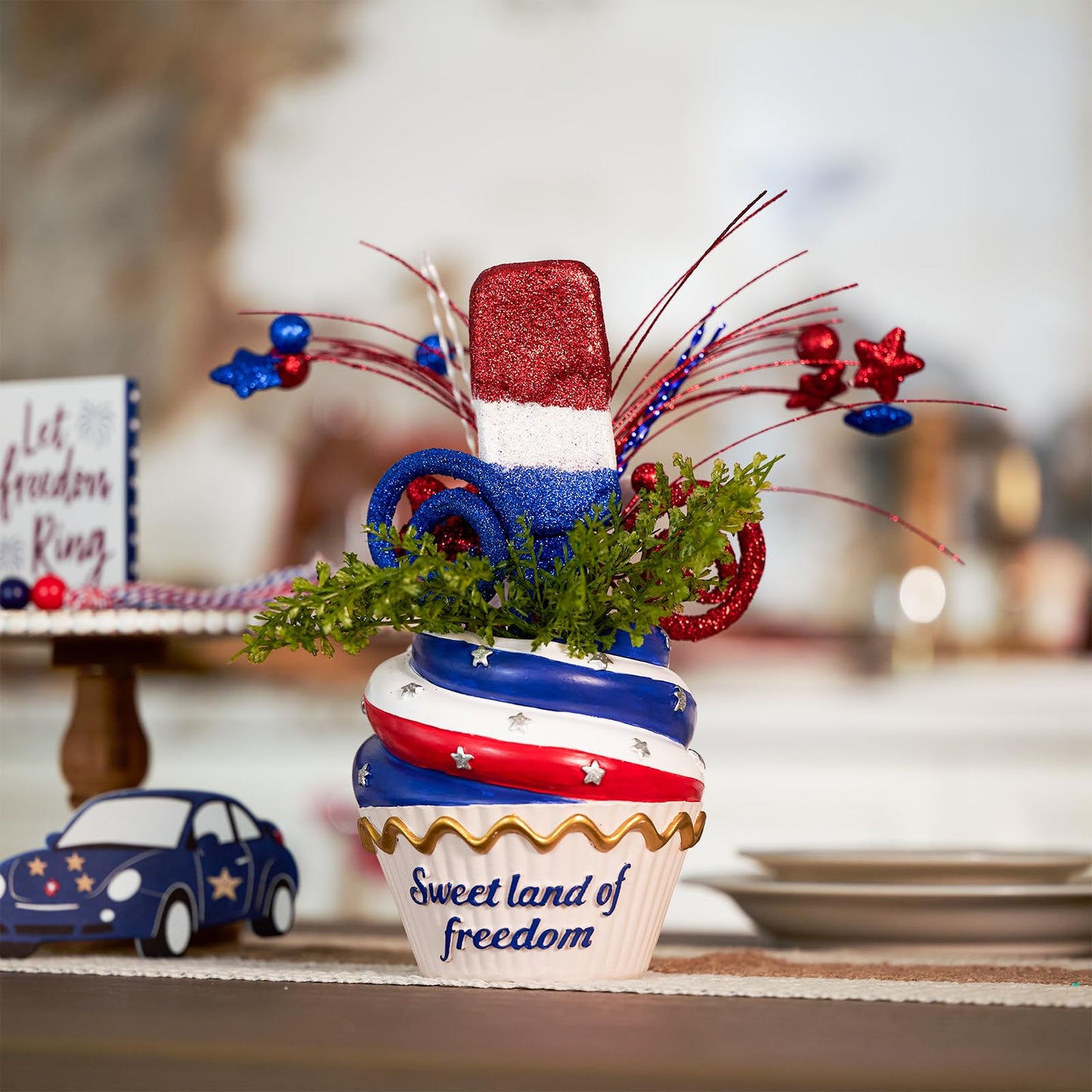 WDS WONDROUS 4th of July Centerpiece for Tables Red White and Blue Patriotic Flowers Decorations with Cupcake Vase, Resin Vase Shiny Popsicle Star Flowers for Independence Day Summer Memorial Day