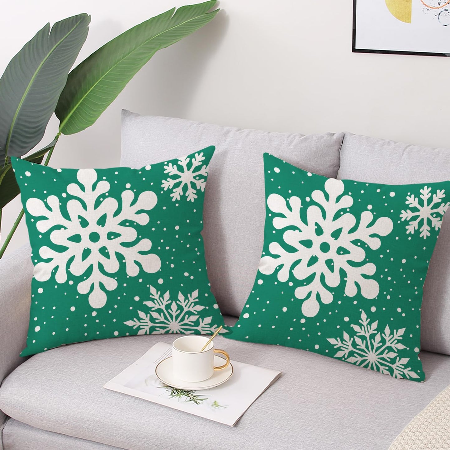 Gujiahone Green Christmas Pillow Covers 18x18 Inch Set of 2 Snowflakes Linen Square Winter Holiday Decoration Cushion Case for Sofa Couch Bed Living Room (Green)