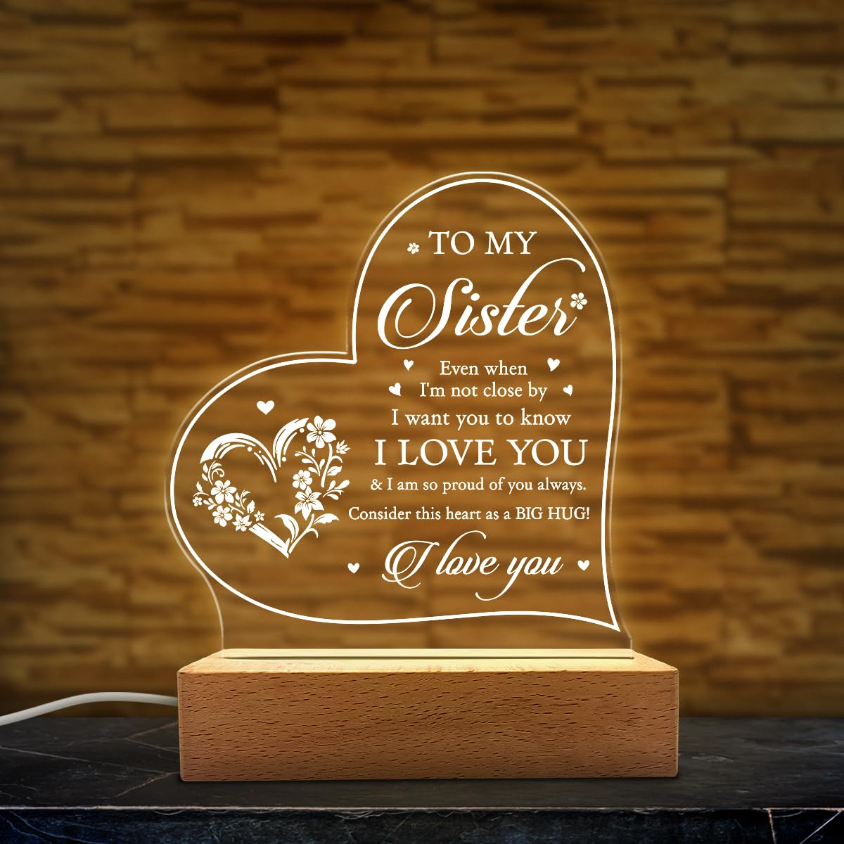 SANDJEST Acrylic Night Light - Thoughtful Gift for Sister or Brother - Long Distance Lamp for Birthday or Christmas