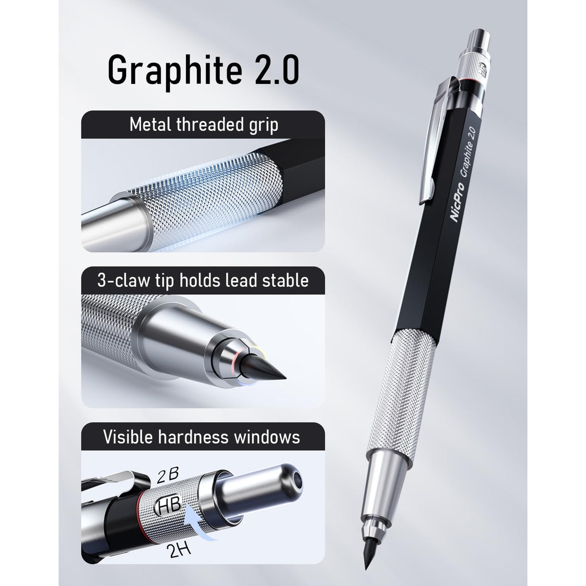 Nicpro 2mm Metal Mechanical Pencil Set, 2PCS Lead Holder 2.0 mm Marker Artist Carpenter Pencils with 120 Graphite Lead Refill (HB 2H 4H 2B 4B & Color), 2 Eraser for Drafting, Drawing Writing Sketching