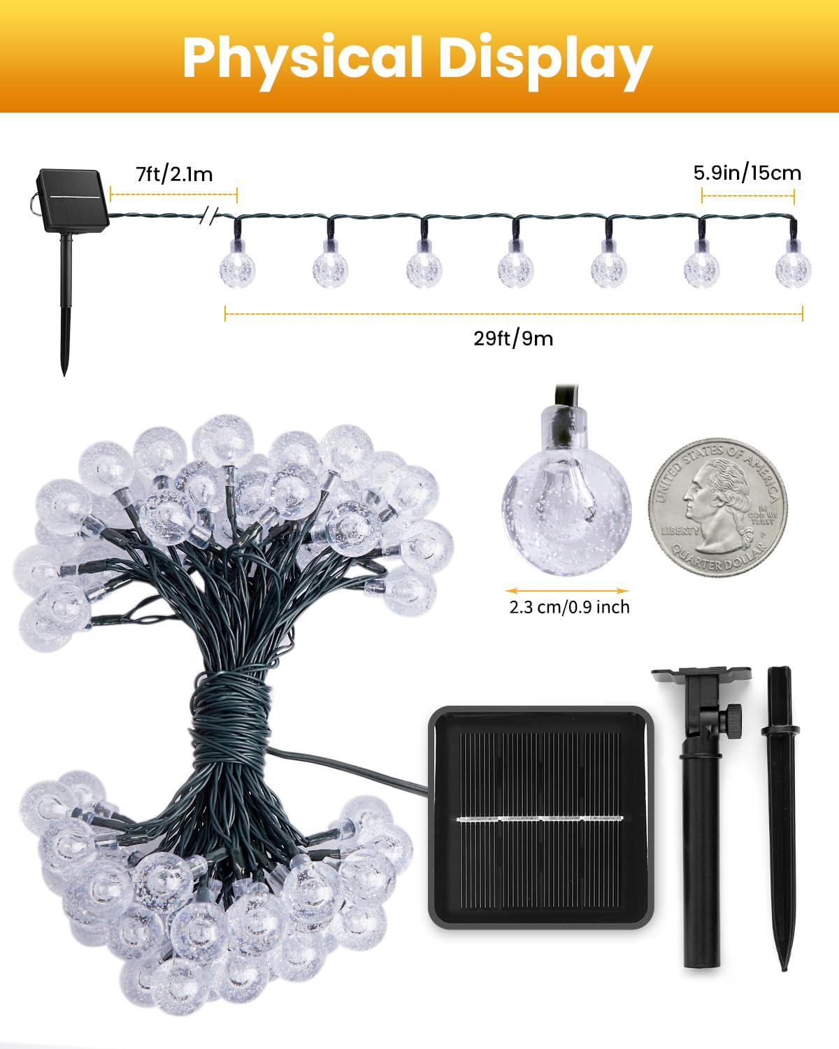 Brightown Solar String Lights Outdoor 60 Led 35.6 Feet 8 Lighting Modes Globe Waterproof Solar Powered Patio Lights for Garden Yard Porch Wedding Party Decor (Pure White)