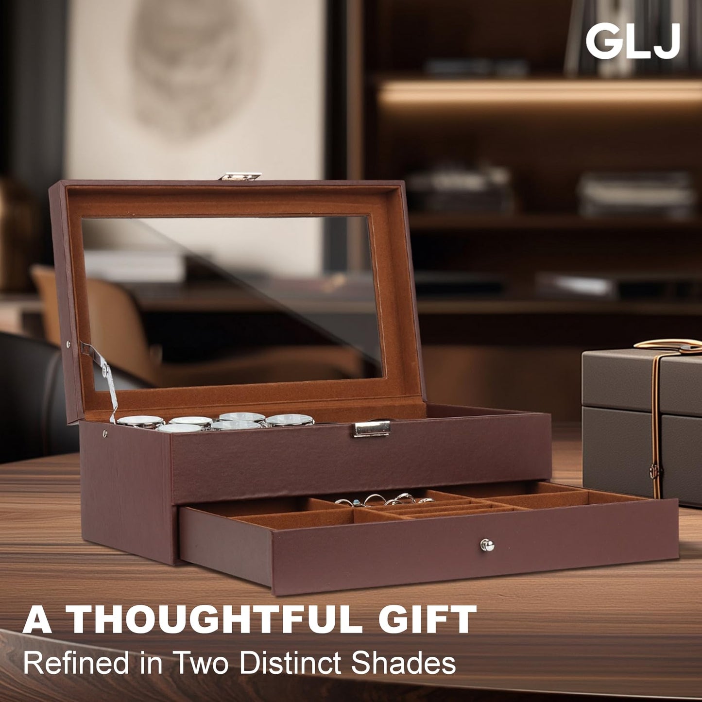 GLJ Jewelry Box for Men, 6 Slot Watch Box Jewelry Organizer With Drawer, Watch Case for Men with Large Window, 2-Layer Watch Holder, Sunglasses Storage Organizer, Velvet Lining, Fathers Day Gift