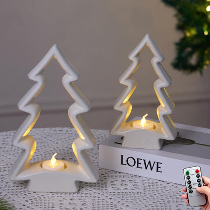 Mokof 2 Pcs White Ceramic Christmas Tree with LED Tea Lights & Remote Control, Farmhouse Tabletop Christmas Decorations Indoor for Mantle, Fireplace, Shelf Winter Holiday Home Decor (9.5" H & 7.5" H)