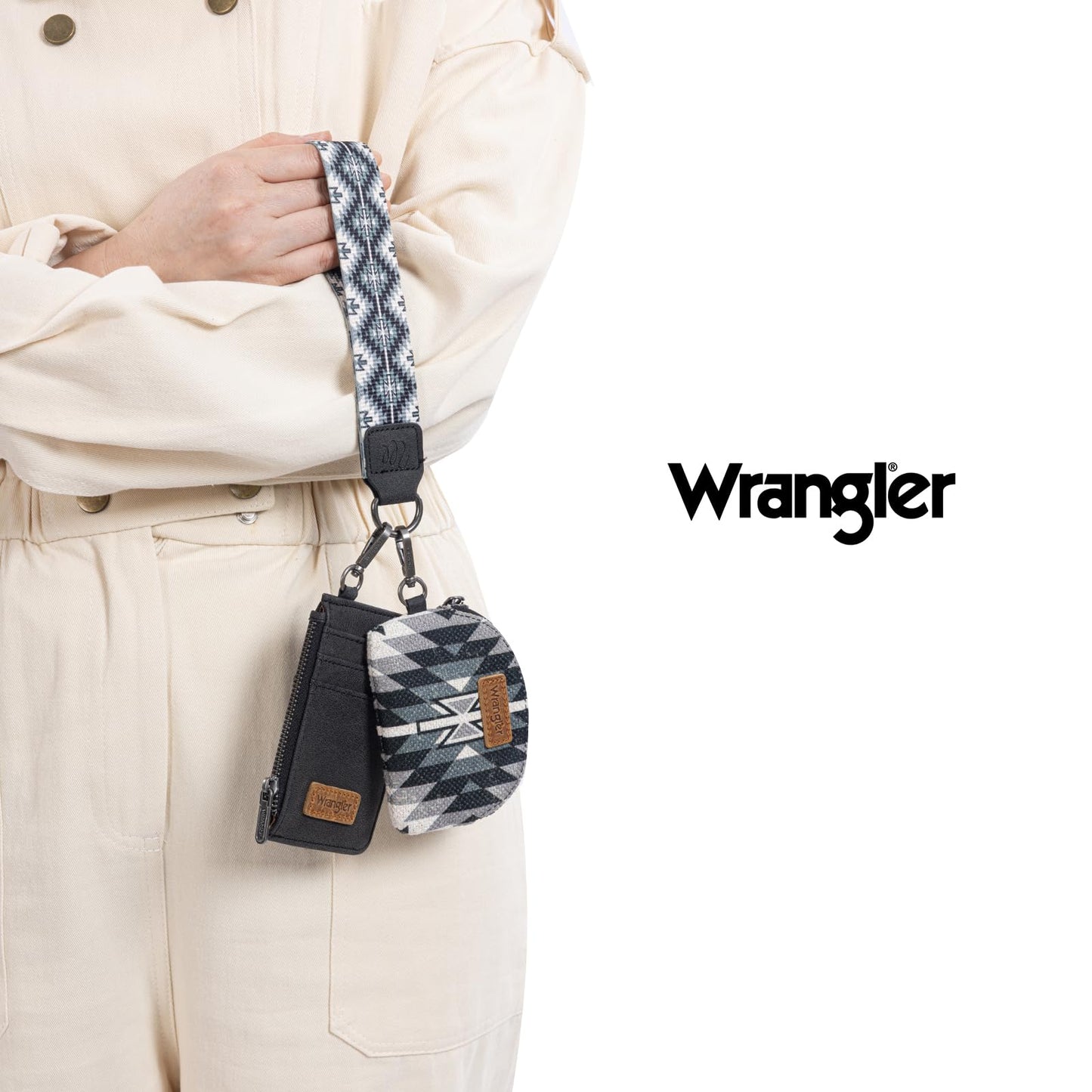 Wrangler Western Aztec Keychain Wristlet Wallets for Women Dual Pouch Wristlet Portable Credit Card Holder Wallet with Zipper Pocket WG2213-W0051BK