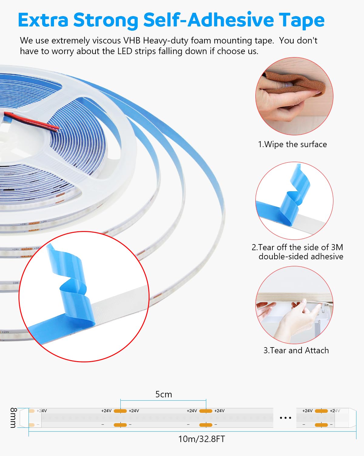 Aclorol 32.8ft Blue Led Strip Lights COB Led Strip Light 24V Flexible LED Tape Light for Bedroom Kitchen Cabinet Closet Other Home Indoor Decor 3200Leds 10M(Power Supply&Dimmer Not Included)