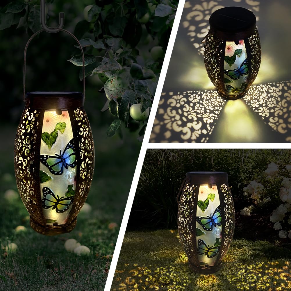 TEYIGARDEN Butterfly Solar Lanterns Glass & Metal Hanging Lantern Outdoor Waterproof 16" H Tabletop Light with Hollowed-Out Design for Garden Patio Table Decor Mother's Day Gift