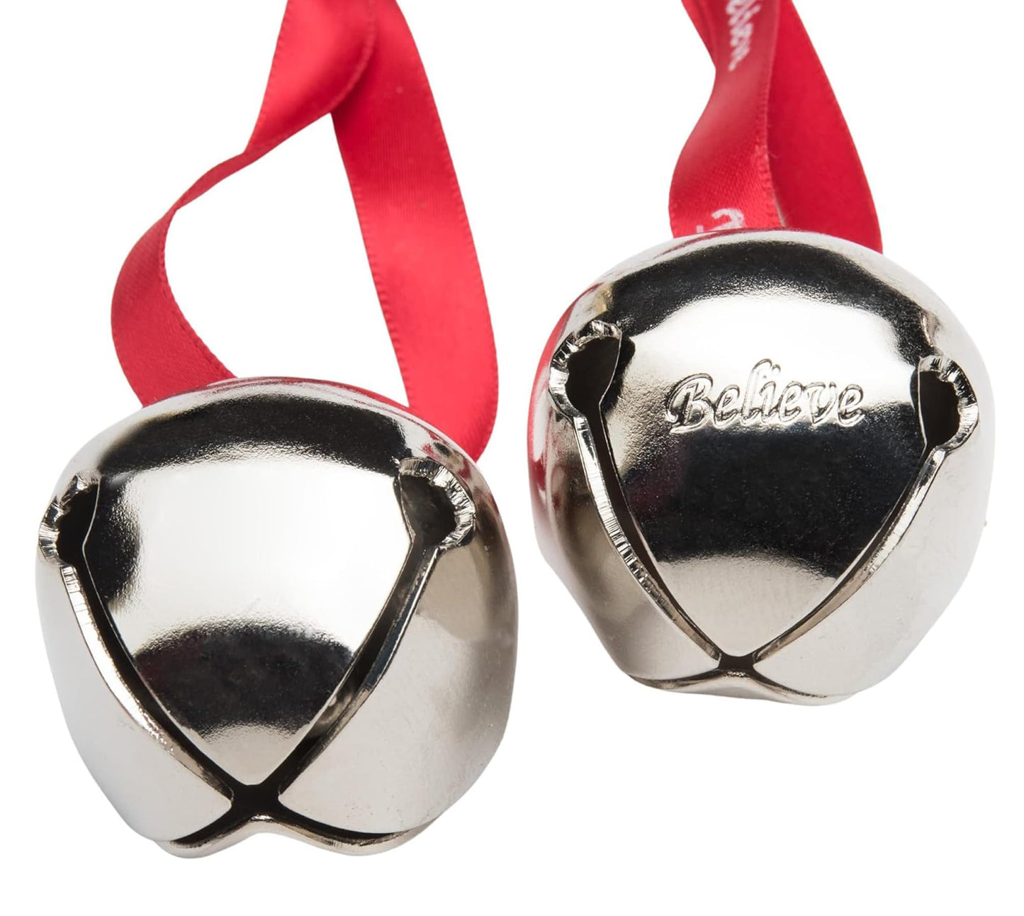 Bevin Bells Believe Sleigh Bells Ornament (3-Pack) | 1.5" Made of Steel | Hanging Bells with a Red Satin Believe Ribbon & Red Velvet Bag | Great Tone | Xmas Gift or Stocking Stuffer | Made in USA