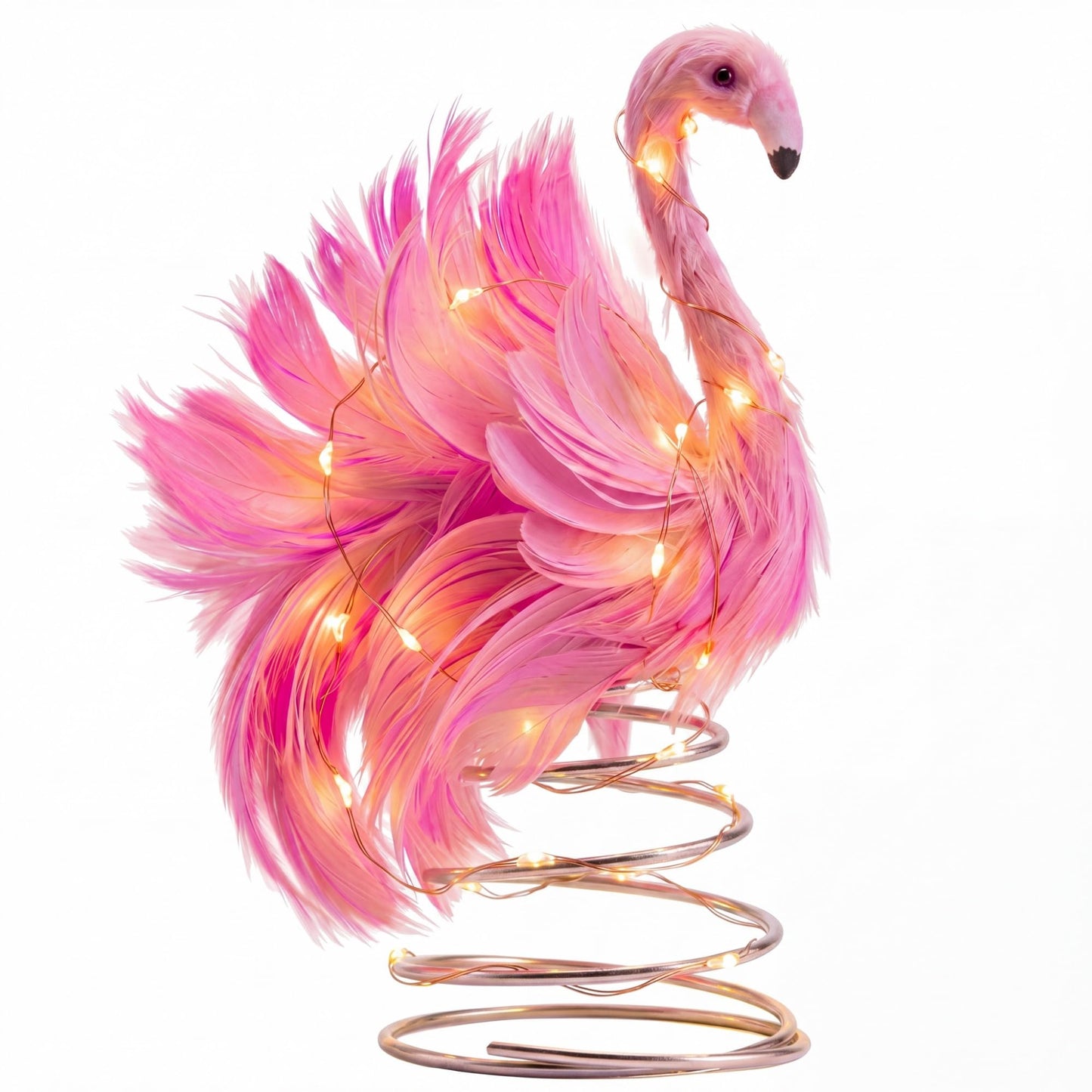 Gejoy 4 Inch Summer Pink Flamingo Mini Tree Topper with Artificial Fluffy Feather LED String Lights Light up Pink Flamingo Tropical Decorations for Small Christmas Tree Ornament Holiday Party Decor