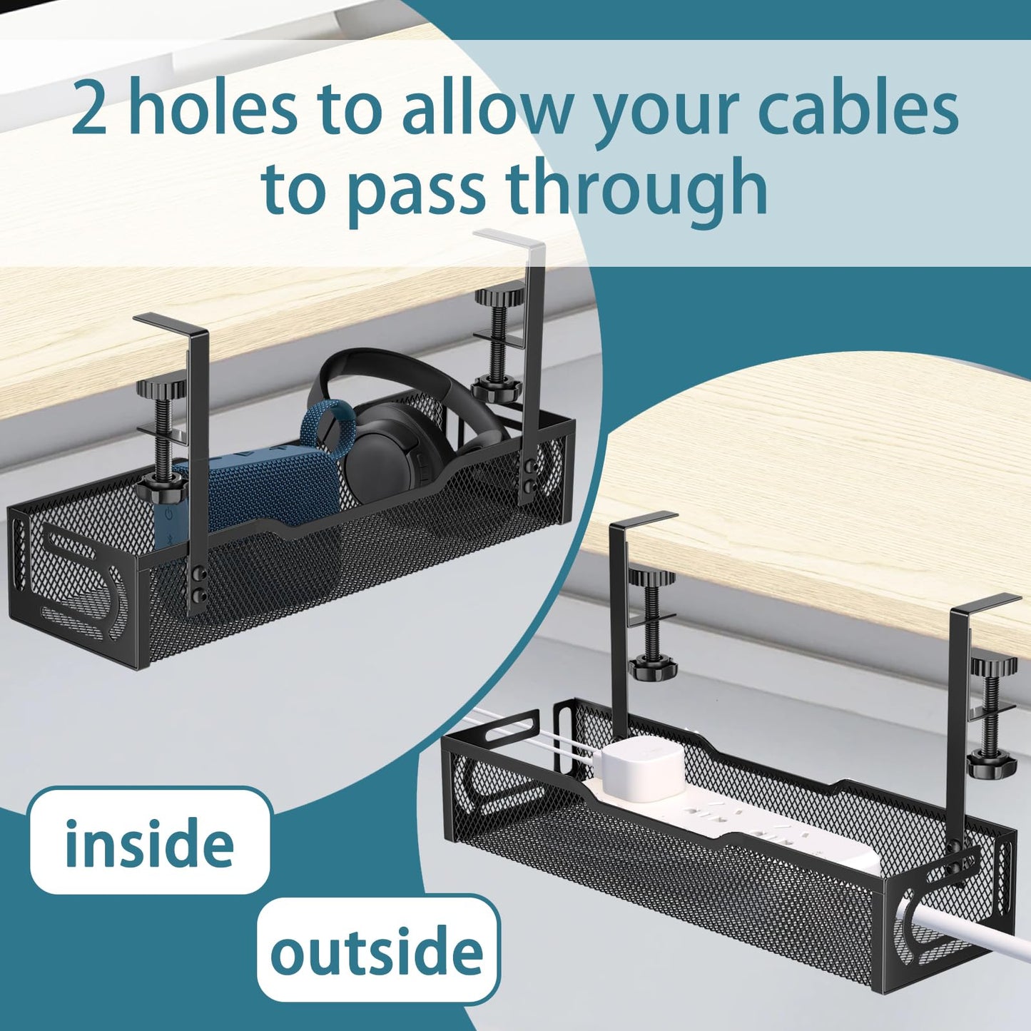 Under Desk Cable Management Tray, No Drill Mesh Desk Cable Tray, Wire Management Tray Cable Management Rack, Wire Organizer and Cable Management Box (Black)