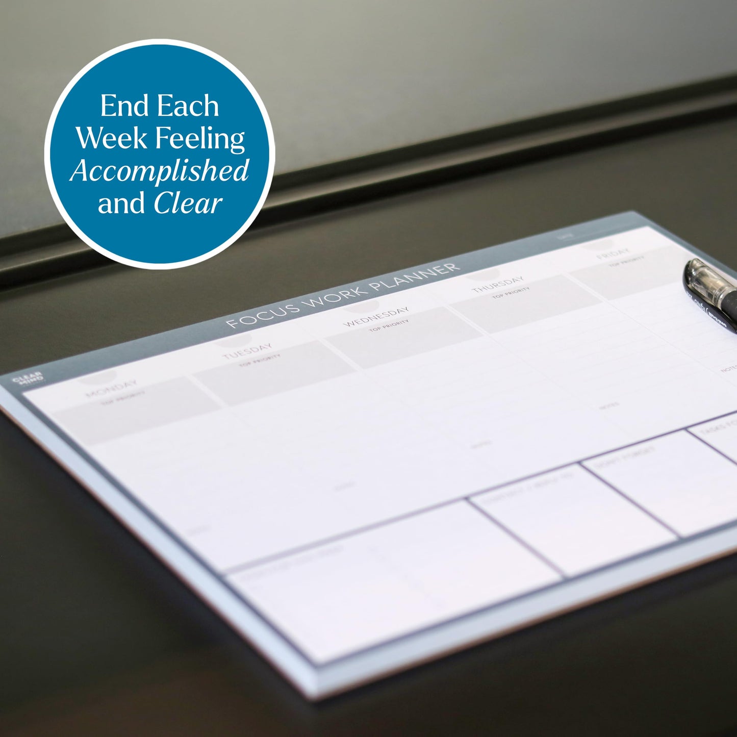 Clear Mind Concepts Focus Work Planner - Weekly Productivity Desk Organizer, 52 Undated Tear-Off Sheets, Mon-Fri Layout, 11.7” x 8.3” - Track Priorities, Tasks, Notes & Goals for Office & Remote Work