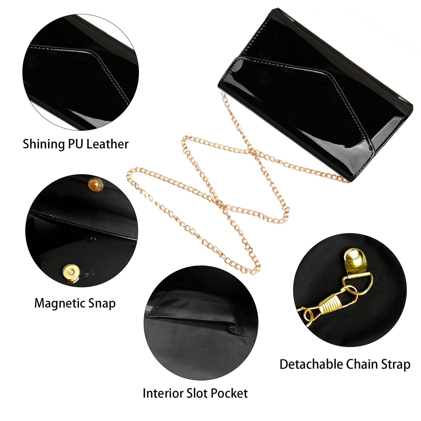 YAPAIOU Leather Envelope Evening Bag for Women Patent PU Clutch Purse for Formal Wedding Party Cocktail Prom Black