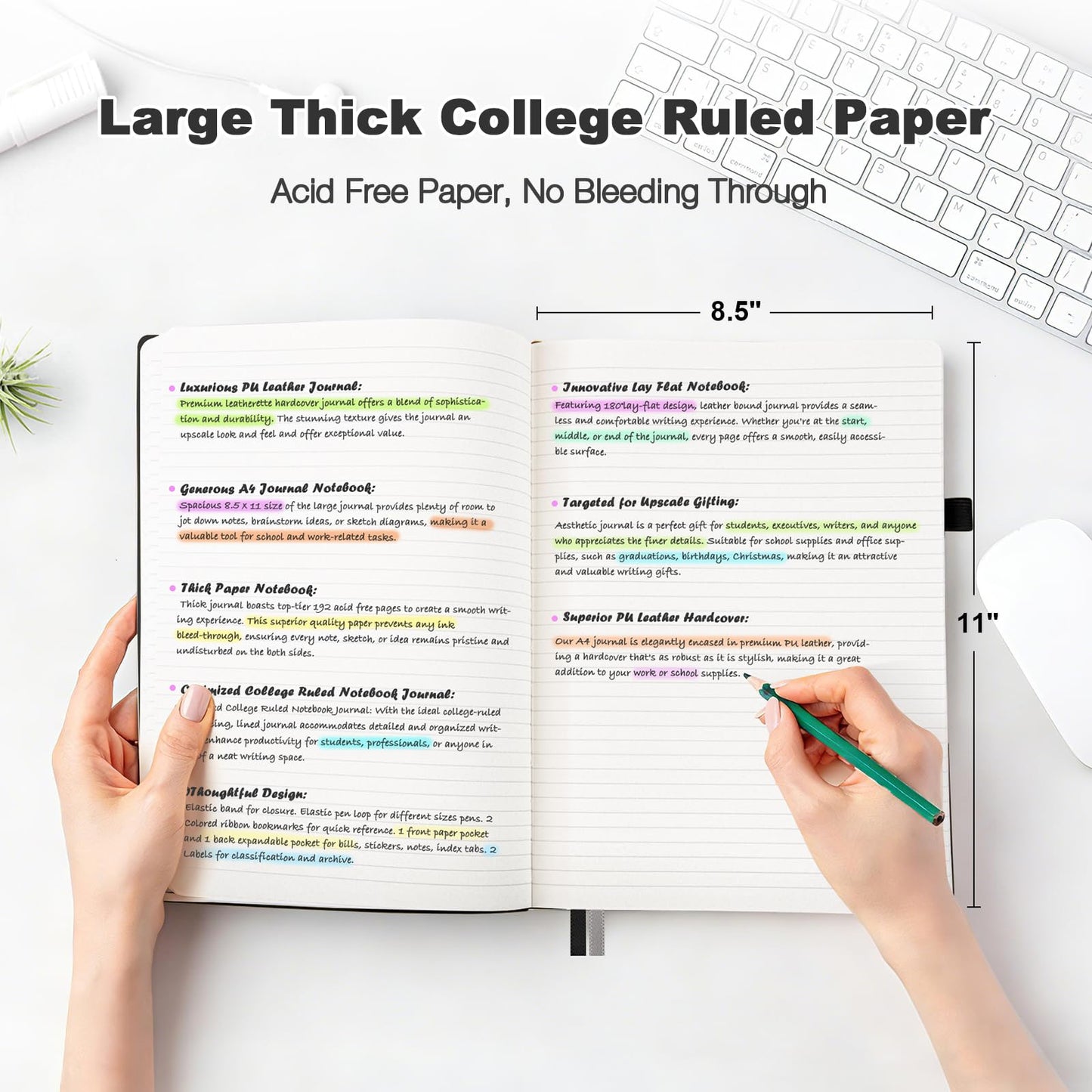 College Ruled Notebook, A4 Softcover Leather Notebook for Work, Lined Notebook Journal for Women, Men, 192 Thick Paper, Lay Flat, Large Notebook with 2 Pockets, Professional Business Notebook, Black