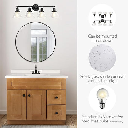 Design House Augustin Vanity Light, 4-Light, Seeded Glass Warm Glow, Dimmable, Up/Down Glow, Easy Installation, E26 Socket, Black, 34.9 in L x 8.3 in D x 11.1 in H, 589044-BLK
