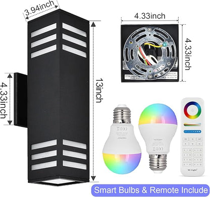 wowlite Up and Down Lights Outdoor Wall Sconce, 1200LM LED Outdoor Light Fixtures Wall Mount Exterior Lights for House, Smart RGBCW Black IP65 Waterproof Porch Lights Works with Remote and App Via Hub