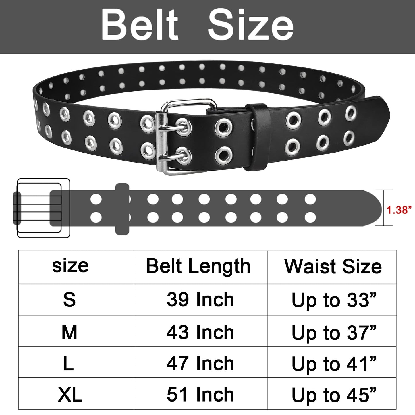 Grommet Leather Belts for Women, Black Belt Women Men - Double Studded Holes-Fit for waist up to 45''
