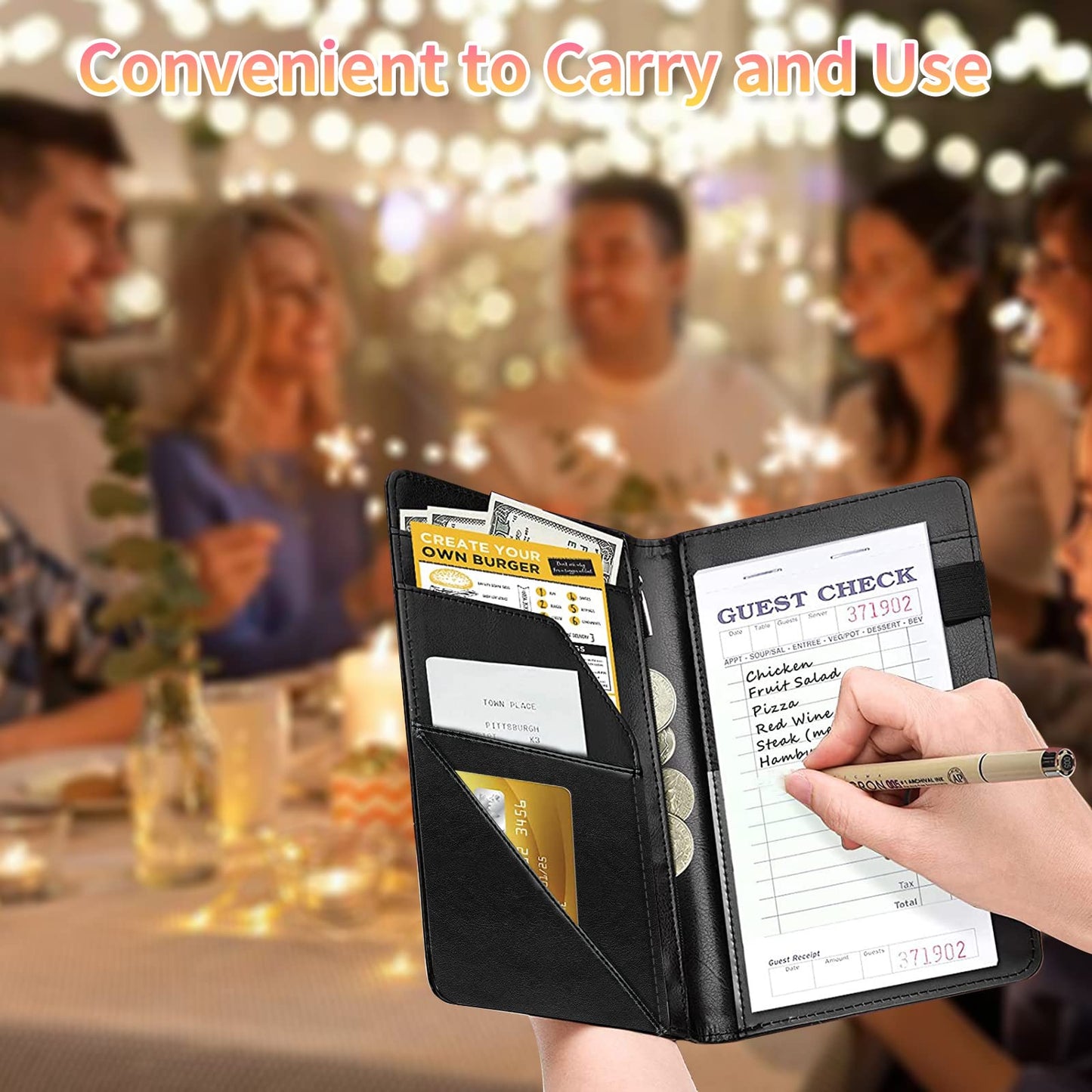 Server Books for Waitress,Leather Waiter Book Server Wallet with Zipper,Cash Check Bill Receipt Holder Presenter,for Bartender,Waiter,Waitress Accessories,Server Apron,Beautiful Sunflower