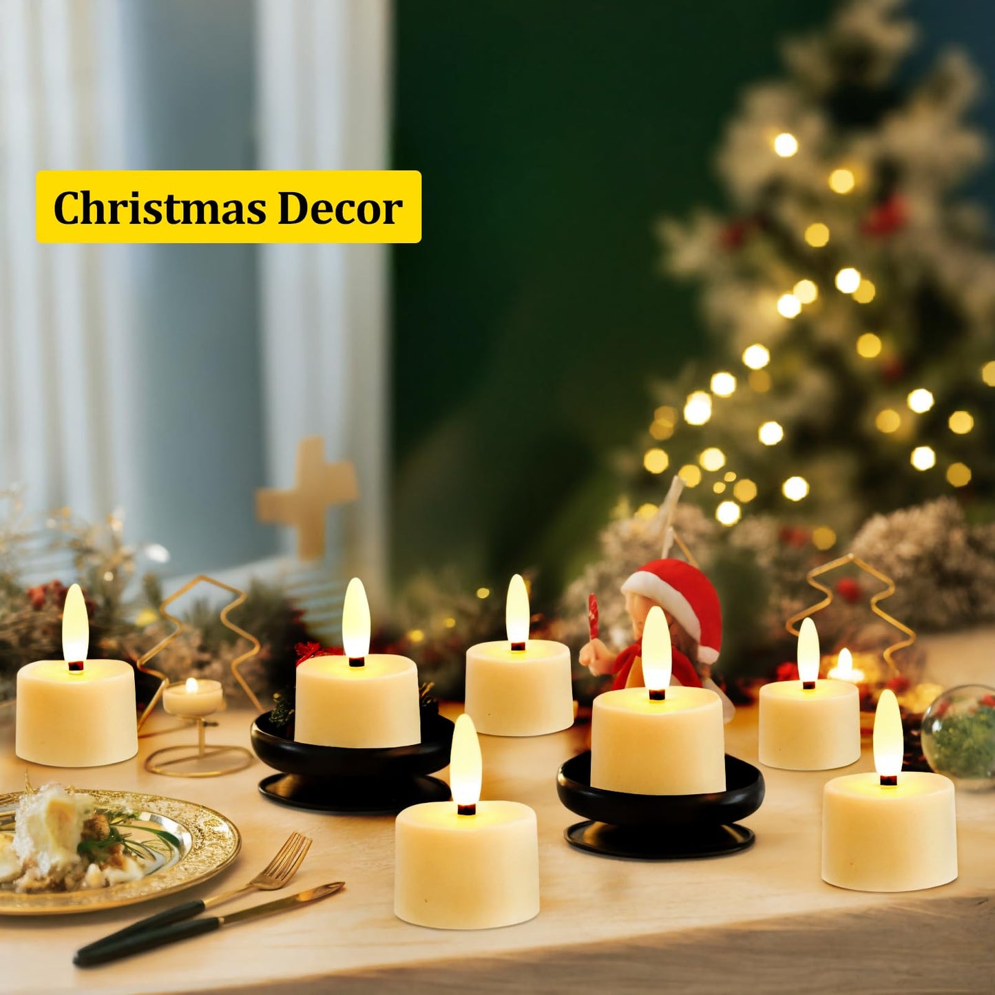 IMAGE 12-Pack Rechargeable Flameless Tea Lights with Charging Base Remote & Timer, Realistic 3D Flickering LED Candles for Home Decor, Weddings, Halloween and Christmas(1.53" x 2.17")