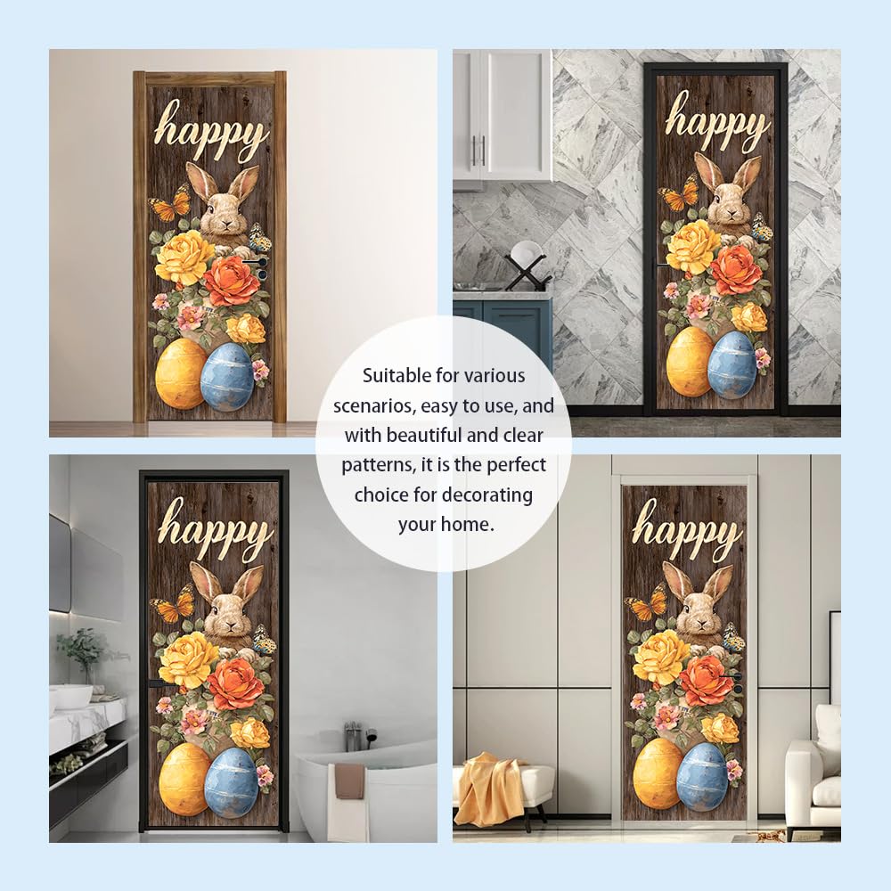 WDESYADMS PVC Self Adhesive Door Sticker 30.3x78.7 Inch Easter Bunny with Flowers and Eggs Design Peel and Stick Decorative Door Decal for Bedroom Living Room Entryway Spring Home Decor
