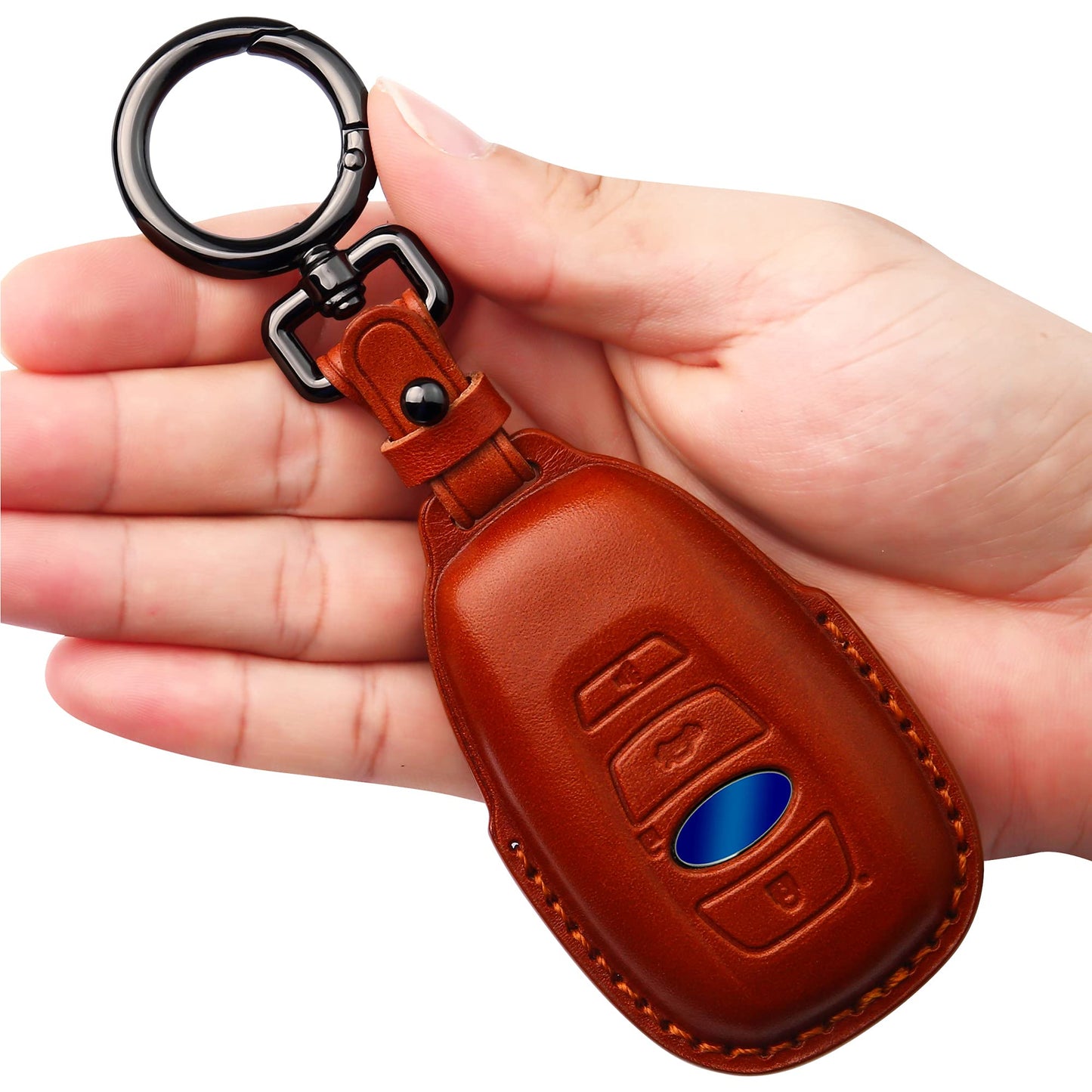 Tukellen Compatible with Subaru Leather Key Fob Cover with Keychain Fit For WRX Outback Ascent Forester Crosstrek Legacy Impreza Smart Remote, Genuine Leather Case-Brown
