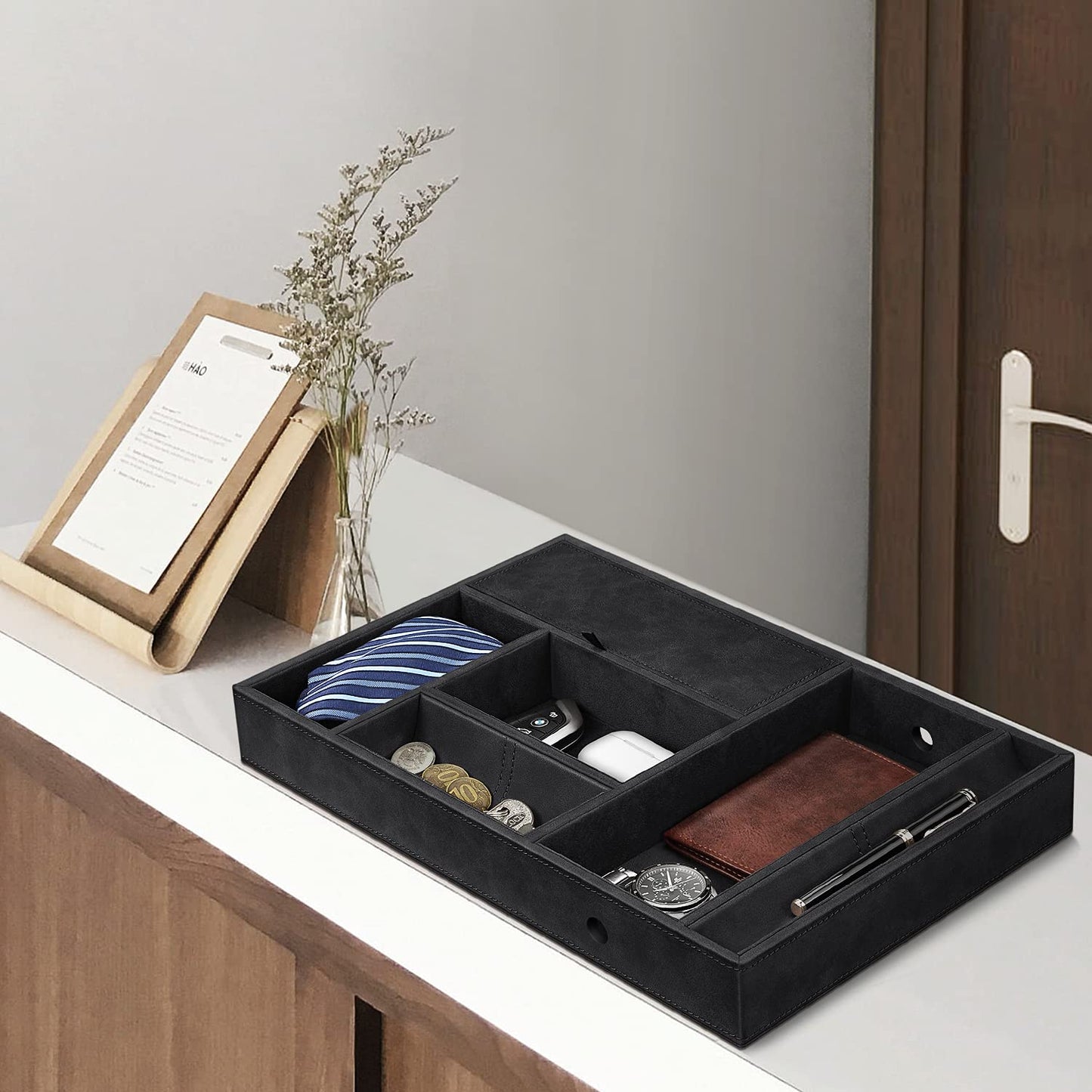 SITHON Valet Tray Desktop Organizer - 8 Compartments Catchall EDC Tray PU Leather Bedside Vanity Nightstand Caddy Coin Box Key Jewelry Storage Organizer, Black