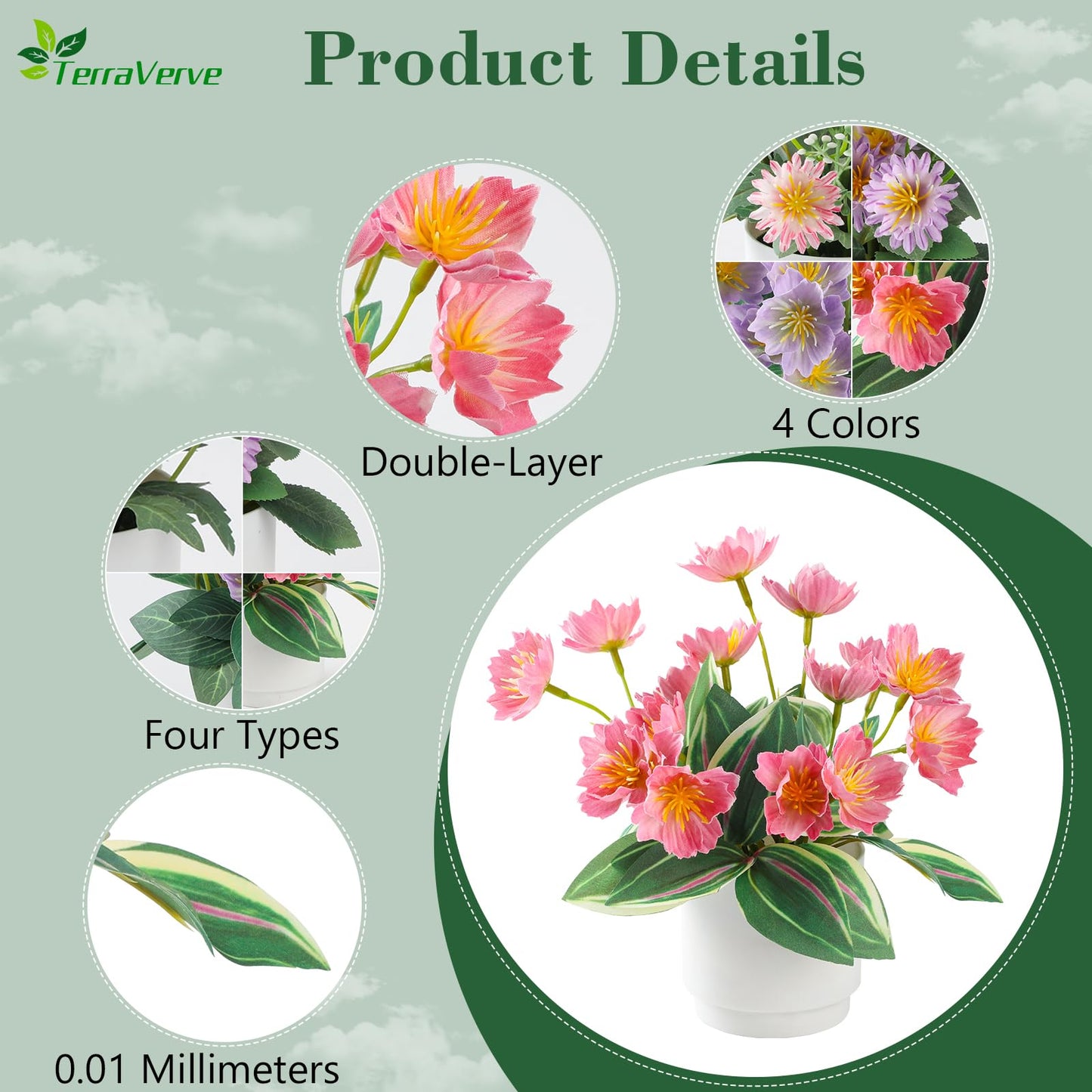 TerraVerve Boho Style 4-Piece Silk Flower Arrangement | Realistic Artificial Plants with Vase | Daisy & Lily Pots | No Maintenance Required