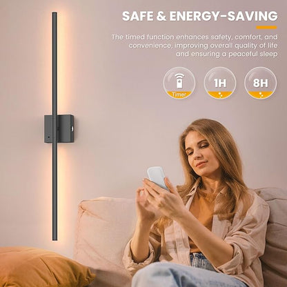 NIORSUN 35 Inch Battery Operated Wall Sconce Set of 2, 360° Rotation Black Rechargeable Wall Lights with Detachable Tube and Remote, 3CCT Dimmable Wireless Wall Lamp for Living Room Bedroom Hallway