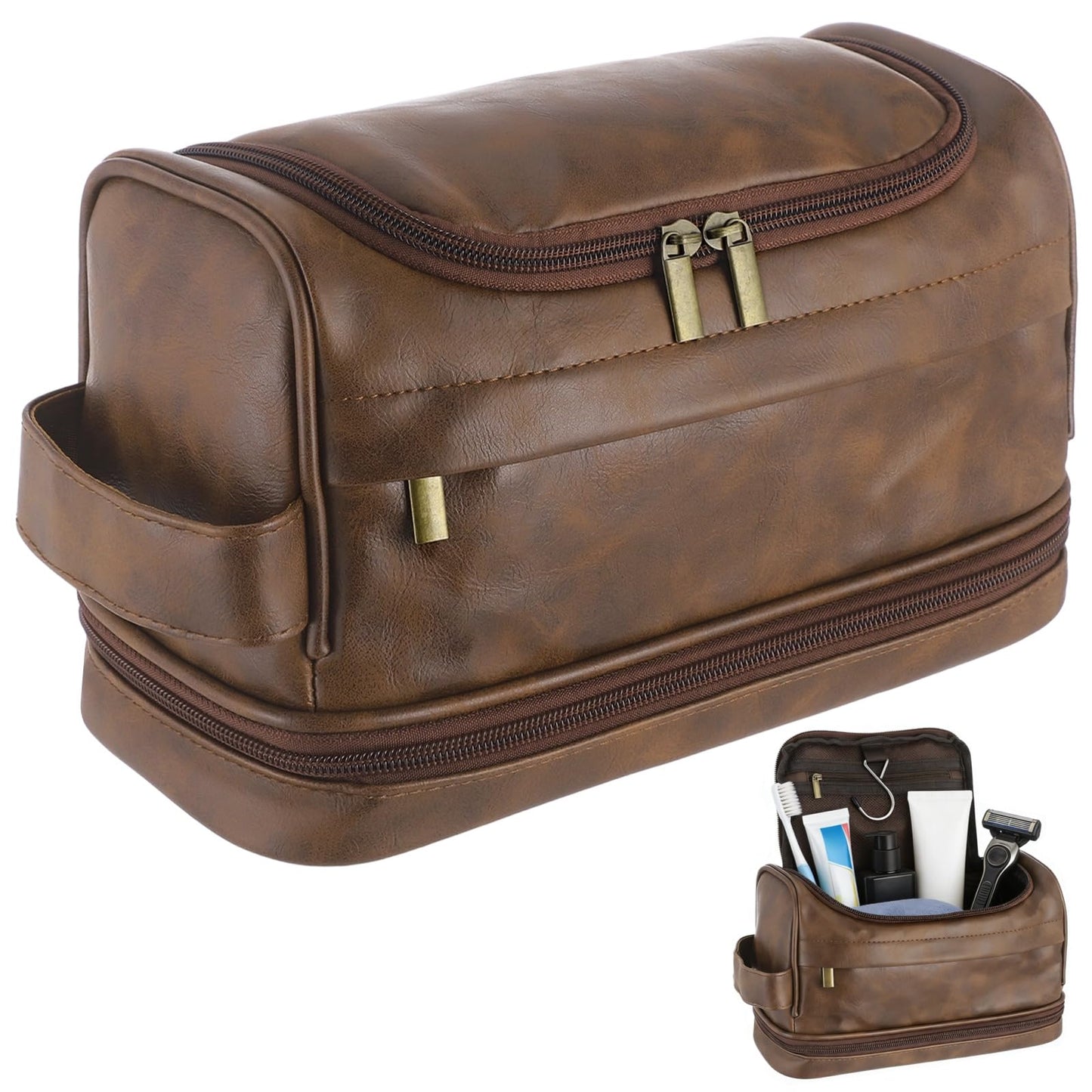 ZALIR Toiletry Bag for Men, PU Leather Waterproof Travel Kit with Hook, Multi-Compartment Shaving Organizer, Double Zipper Portable Cosmetic Bag for Business Trips