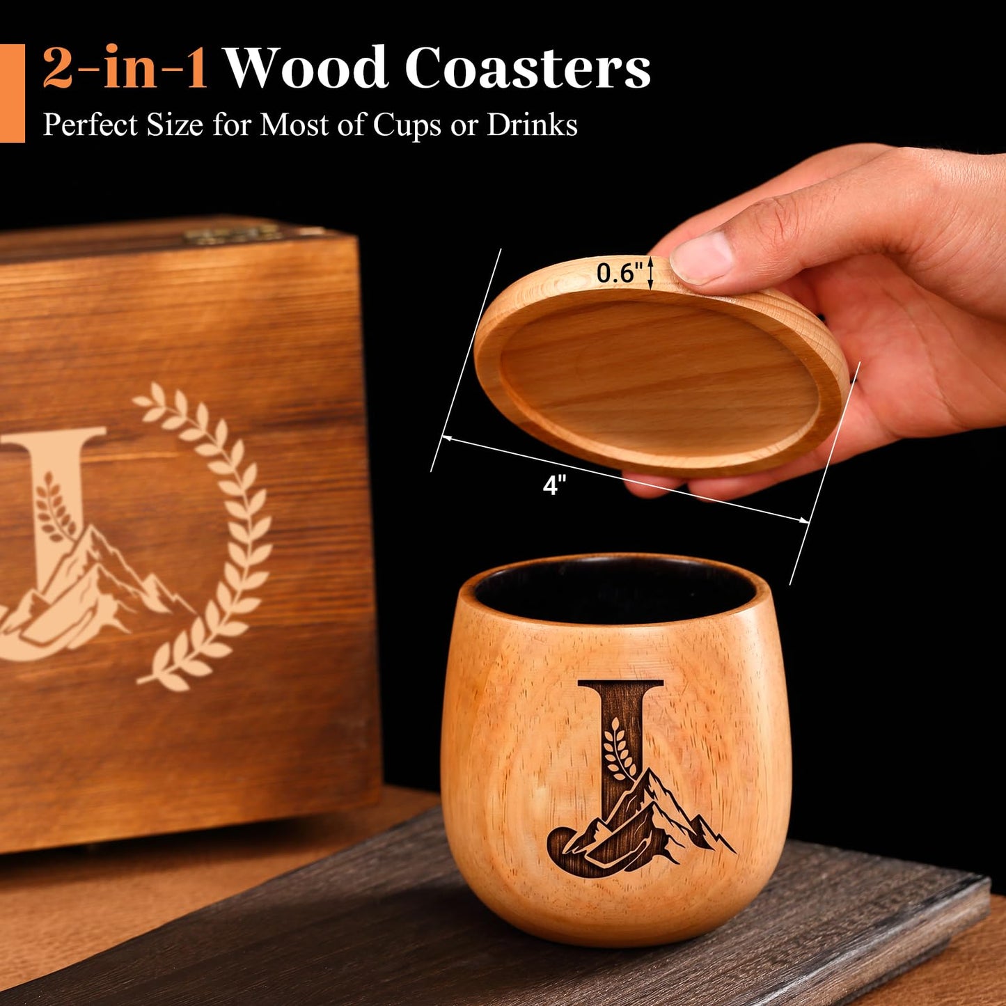 Personalized Gifts for Men, Charred Wooden Whiskey Glasses, Bourbon Old Fashioned Tumbler, Birthday Gifts for Men Dad Husband Brother Boyfriend, Unique Drinking Glass Gifts for Whiskey Lovers (J)