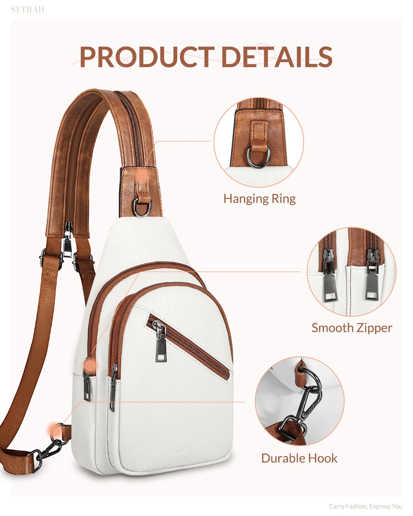 SYTRAH Sling Bag for Women, Crossbody Bags for Women Trendy Crossbody purse Vegan Leather Sling Backpack Chest Bag with Dual purpose Strap, Beige Brown