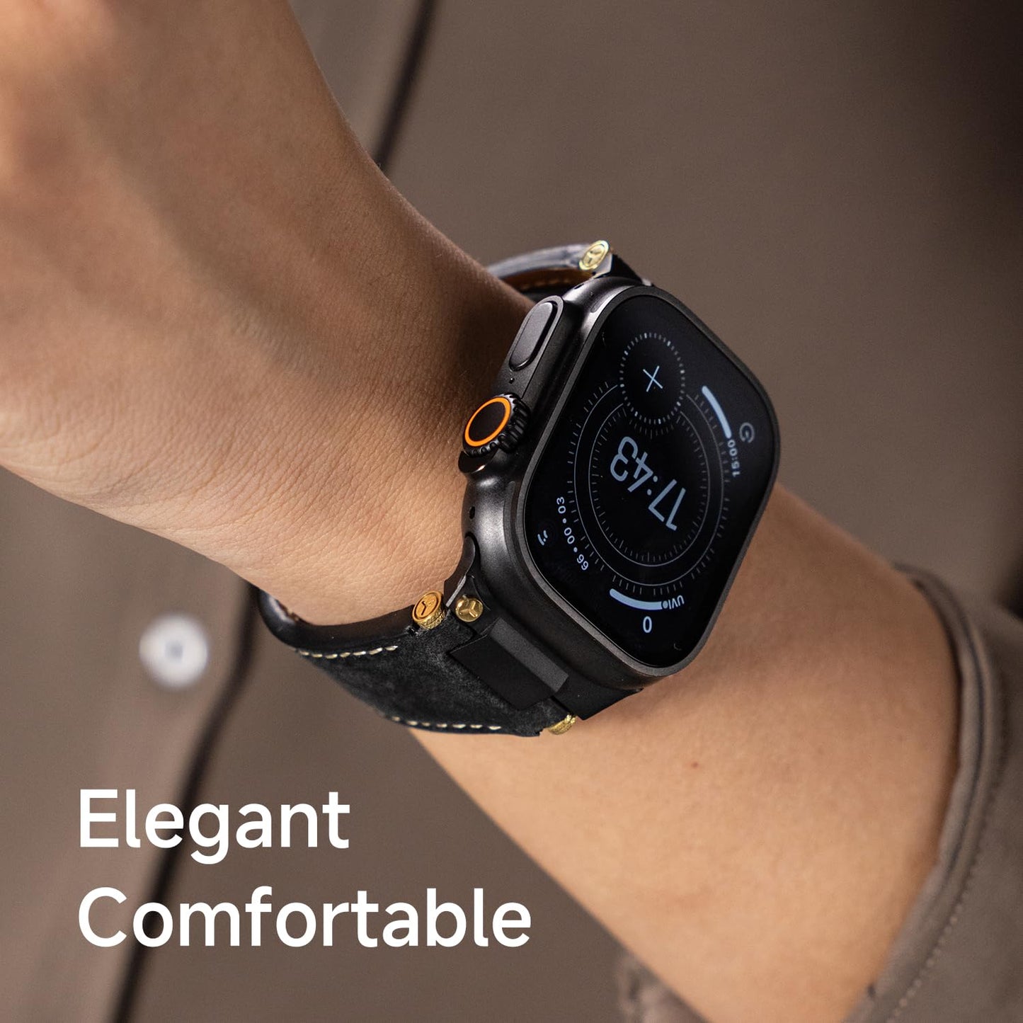 Unfettered Genuine Leather Band for Apple Watch Ultra 3/2, 49mm 46mm 45mm 44mm 42mm, Men's Vintage Full-Grain Replacement Black Strap with Folding Clasp & Metal Connector, Compatible with Series 11–1 SE