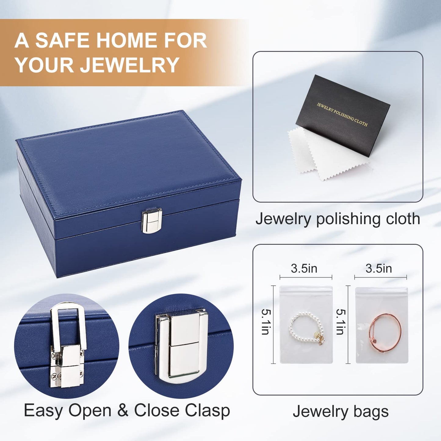 Jewelry Organizer Box PU Leather Jewelry Box for Girls Womens Earring Organizer Boxes 2 Layer Large Jewelry Storage Case Removable Tray for Necklace Earring Ring with Polishing Cloth and Jewelry Bags